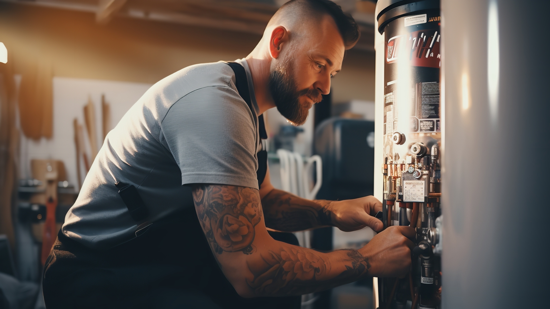 A plumber is installing a water heater in a new home.Generative Ai. Machine à café - Distributeur automatique - Fontaine à eau | plumber is installing water heater new homegenerative ai 1